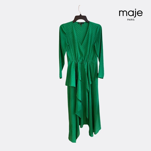 Maje Printed Satin Jacquard Wrap Dress – Size FR 36 (US 4) – Green – Excellent C - Picture 6 of 10